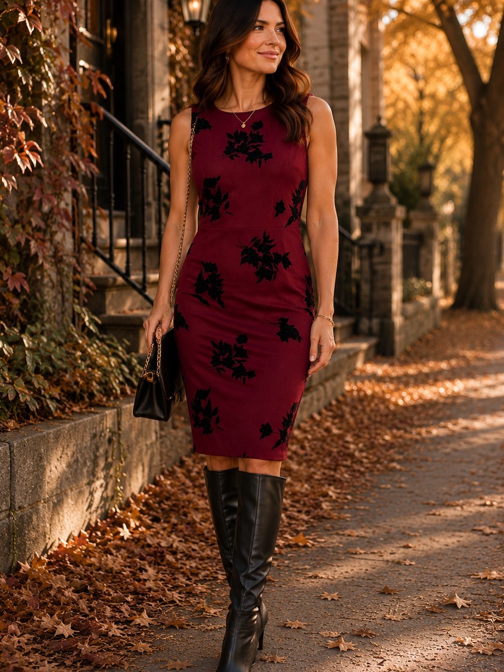 Olivia Matthews Burgundy Black Flocked Floral Cocktail Sheath Dress L